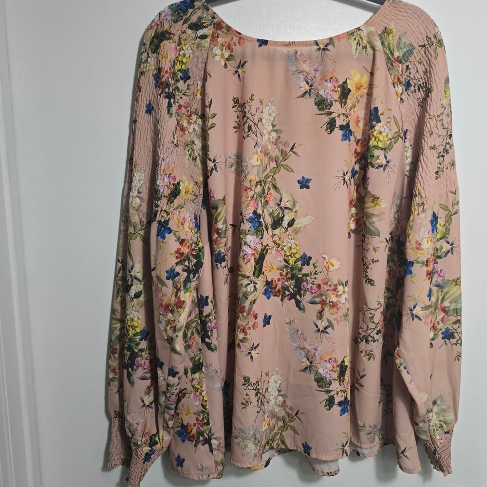 Worthington Woman Floral Blouse Pink Smocked Long Sleeve Keyhole Top 3X